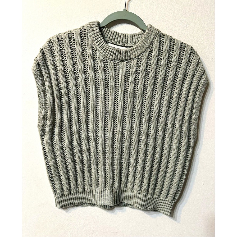 Moon & Madison Knit Sweater Vest Womens Large Gray Green Open Knit Ribbed Chunky